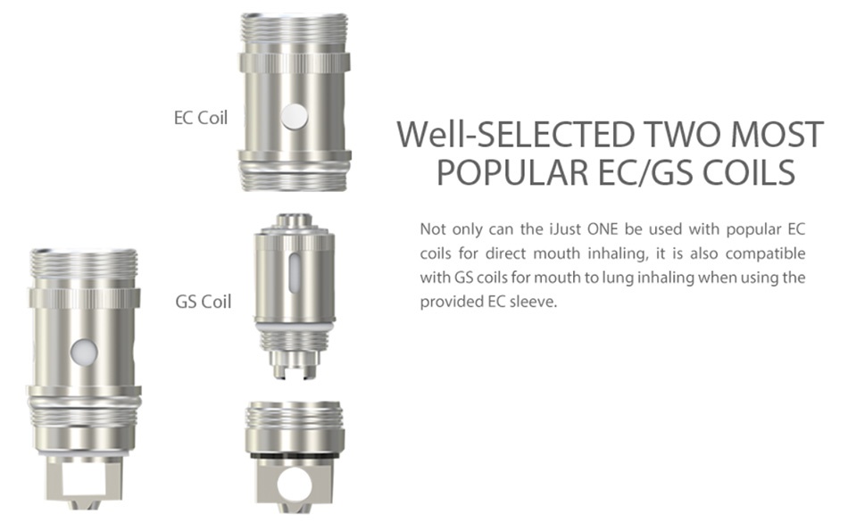 Vaporesso VECO Plus Tank 4ml EC Coil Well SELECTED TWO MOST POPULAR EC GS COILS Not only can the iJust one be used with popular EC coils for direct mouth inhaling  it is also compatible with GS coils for mouth to lung inhaling when using the GS Coil provided EC sleeve