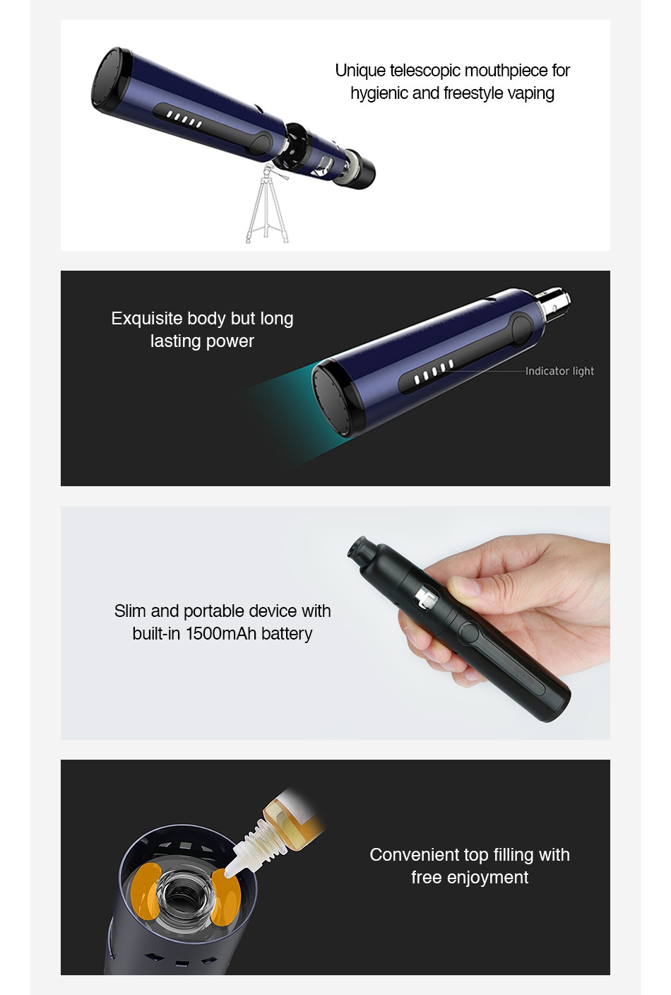 Kangertech K-PIN Mini Starter Kit 1500mAh Unique telescopic mouthpiece for hygienic and freestyle vaping Exquisite body but long lasting power Indicator light Slim and portable device with built in 1500mAh battery Convenient top filling with free enjoyment