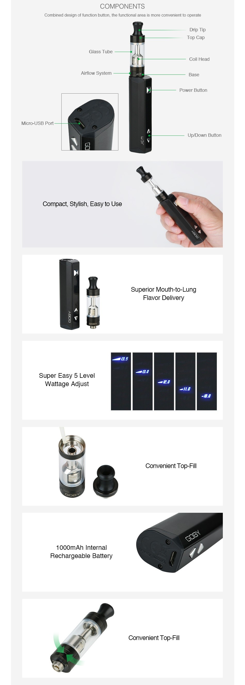 Innokin JEM/Goby VW Starter Kit 1000mAh Combined des gn of function button  the functional area is more convenient to operate Glass l ube Goll Head Compact  Stylish  Easy to Use Superior Mouth to Lung Flavor Delivery Super Easy 5 Level Convenient Top Fill 1000mAh Intern a Rechargeable Convenient Top Fill