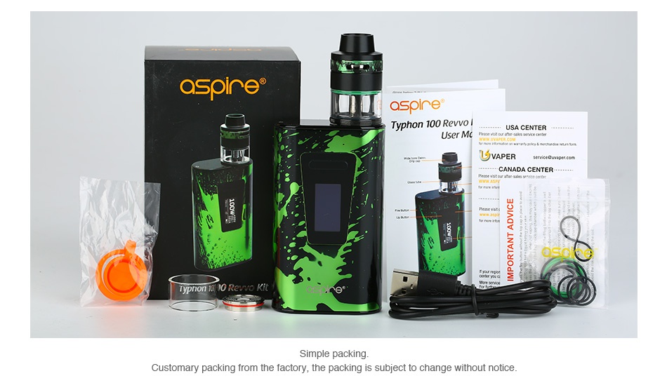 Aspire Typhon 100 Revvo TC Kit 5000mAh ashine Typhon 100 Revo USA CENTER VAPER uO Q z o Simple packing Customary packing from the factory  the packing is subject to change without notice