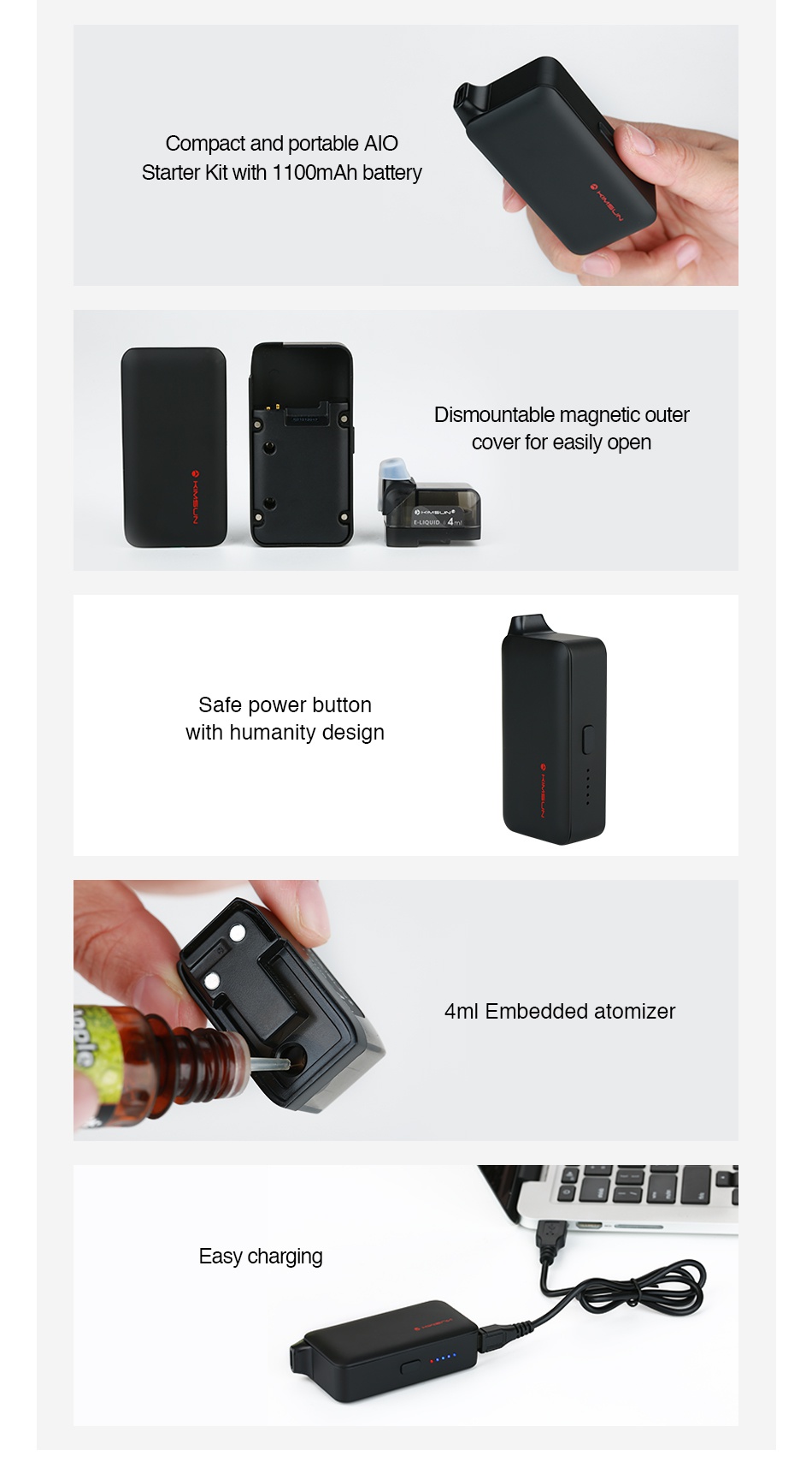 KIMSUN Cube 4R AIO Starter Kit 1100mAh Compact and portable Alo Starter Kit with 1100 battery Dismountable magnetic outer cover for easily open Safe power button with humanity design 4m Embedded atomizer Easy charging