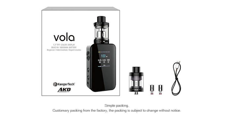 Kangertech VOLA 100W TC Kit 2000mAh Vola 3 TFT COLOR DISPLAY Beginner  Intermed  3  KangerTech AKD HH Customary packing from the factory  the packing is subject to change without notice