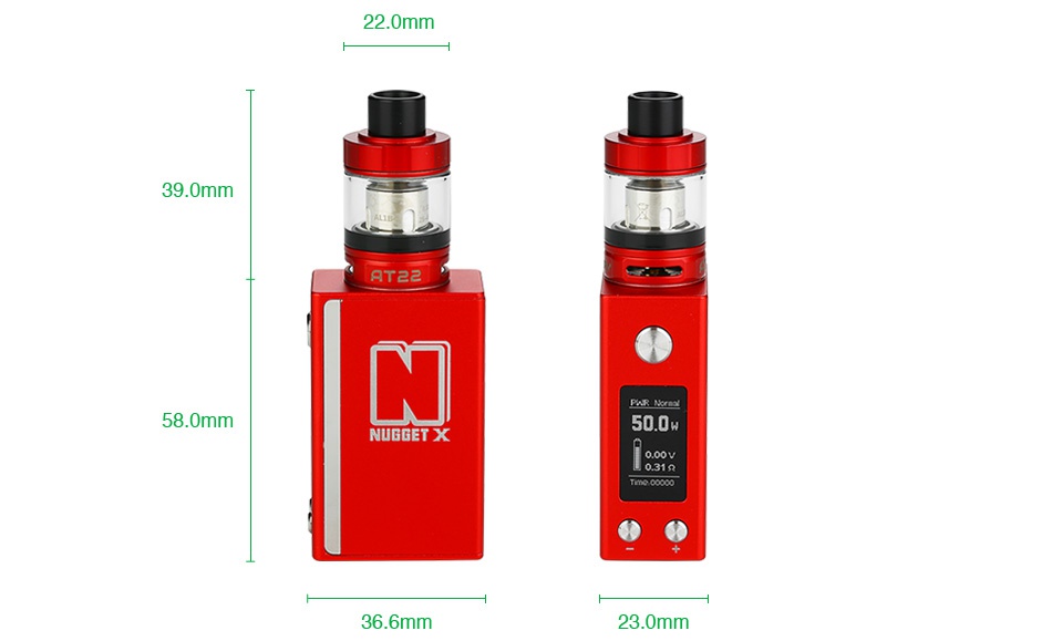 Artery Nugget X 50W with AT22 TC Starter Kit 2000mAh 22 0mm 9 0mm 58 0mm 500w NUGGET X 36 6mm 23 0mm