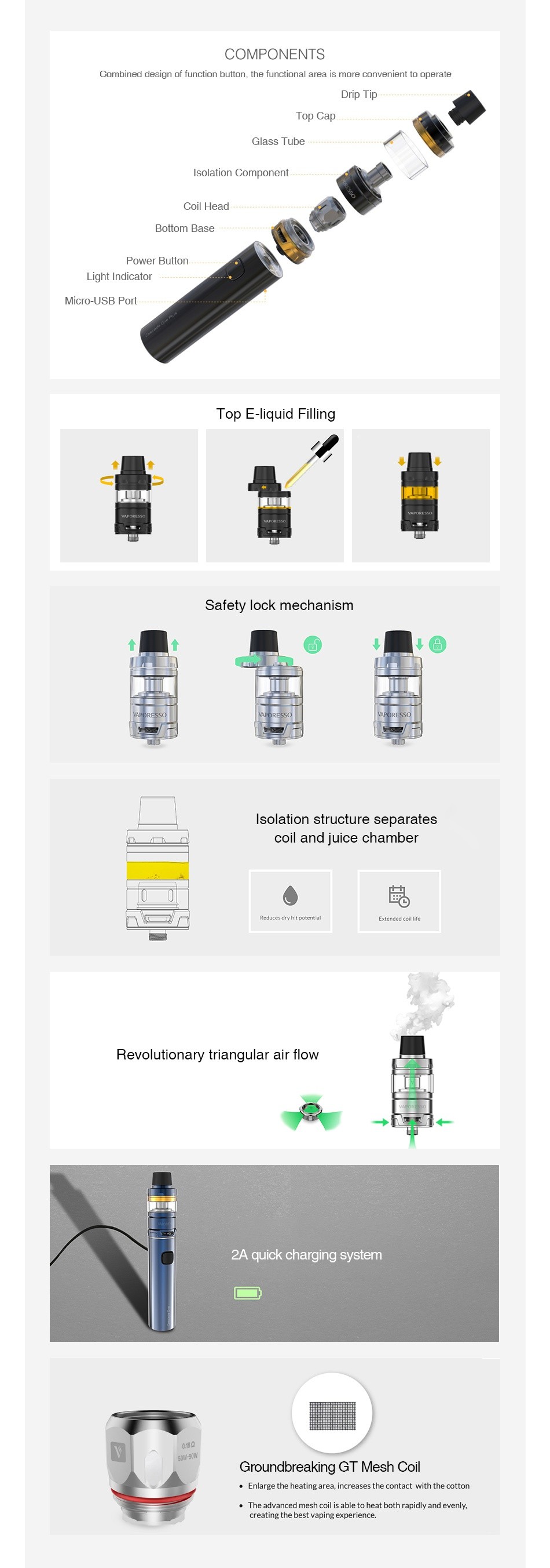 Vaporesso Cascade One Plus Starter Kit 3000mAh COMPONENTS Combined design of function button  the functional area is more convenient to operate np I ip Glass tube olation Component Power button MicIO USB Porl Top E liquid Filling Safety lock mech Isolation structure separates Revolutionary triangular air flow 2A quick charging syste Groundbreaking GT Mesh Coil The advanced mesh cail is able to hsat both rapid y and evenly  creating the best vaplng cofer cnce