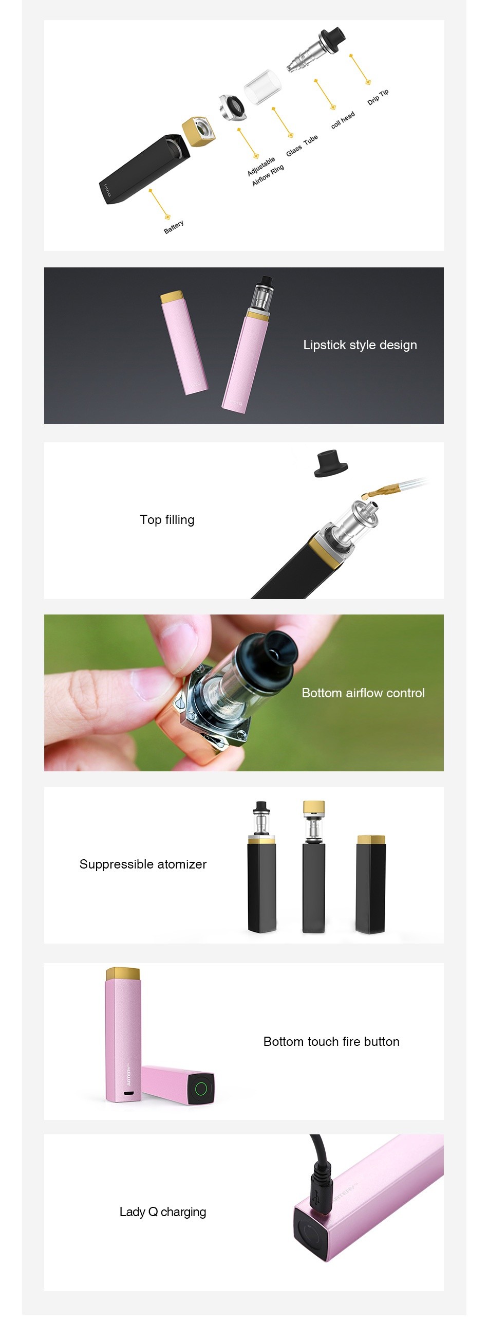 Artery Lady Q Starter Kit 1000mAh Lipstick style design p Tilling ottom airflow control Suppressible atomizer Bottom touch fire button adly Q charging