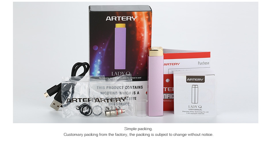 Artery Lady Q Starter Kit 1000mAh ARTERY LAD ART Ry THIS PRODUCT CONTAINS I NICOTINE WHICH IS A RT  RARTERYCTI LADY O Customary packing from the factory  the packing is subject to change without notice