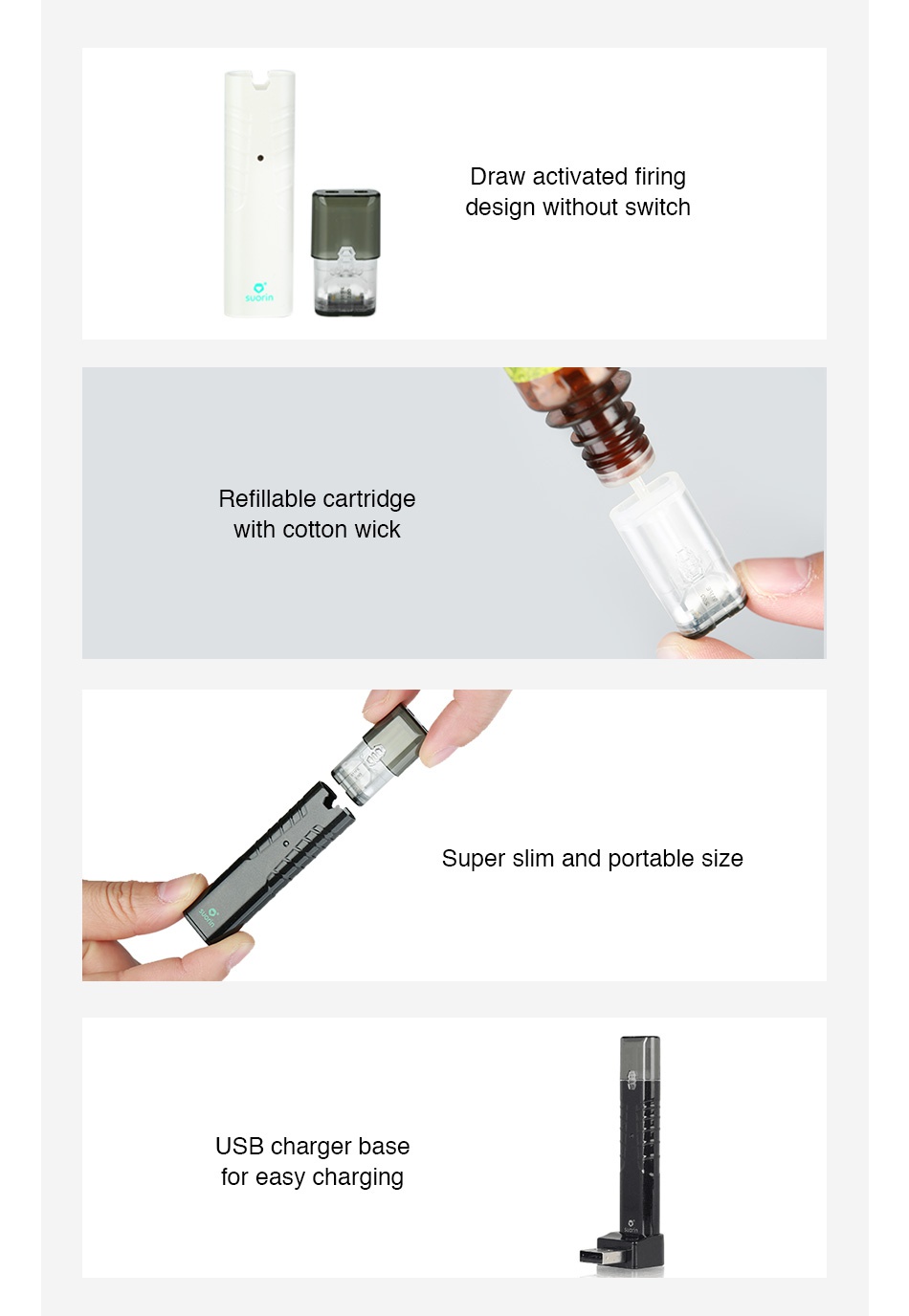 Suorin iShare Single Starter Kit 130mAh Draw activated firing design without switch Refillable cartridge With cotton wick Super slim and portable size USB charger base for easy charging