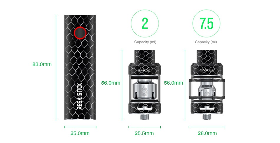 SMOK Resa Stick Starter Kit 2000mAh 75 apacity ml  Capacity ml  83 0mm 56 0mr 56 0mm 25 0mm 25 5mm 28 0mm