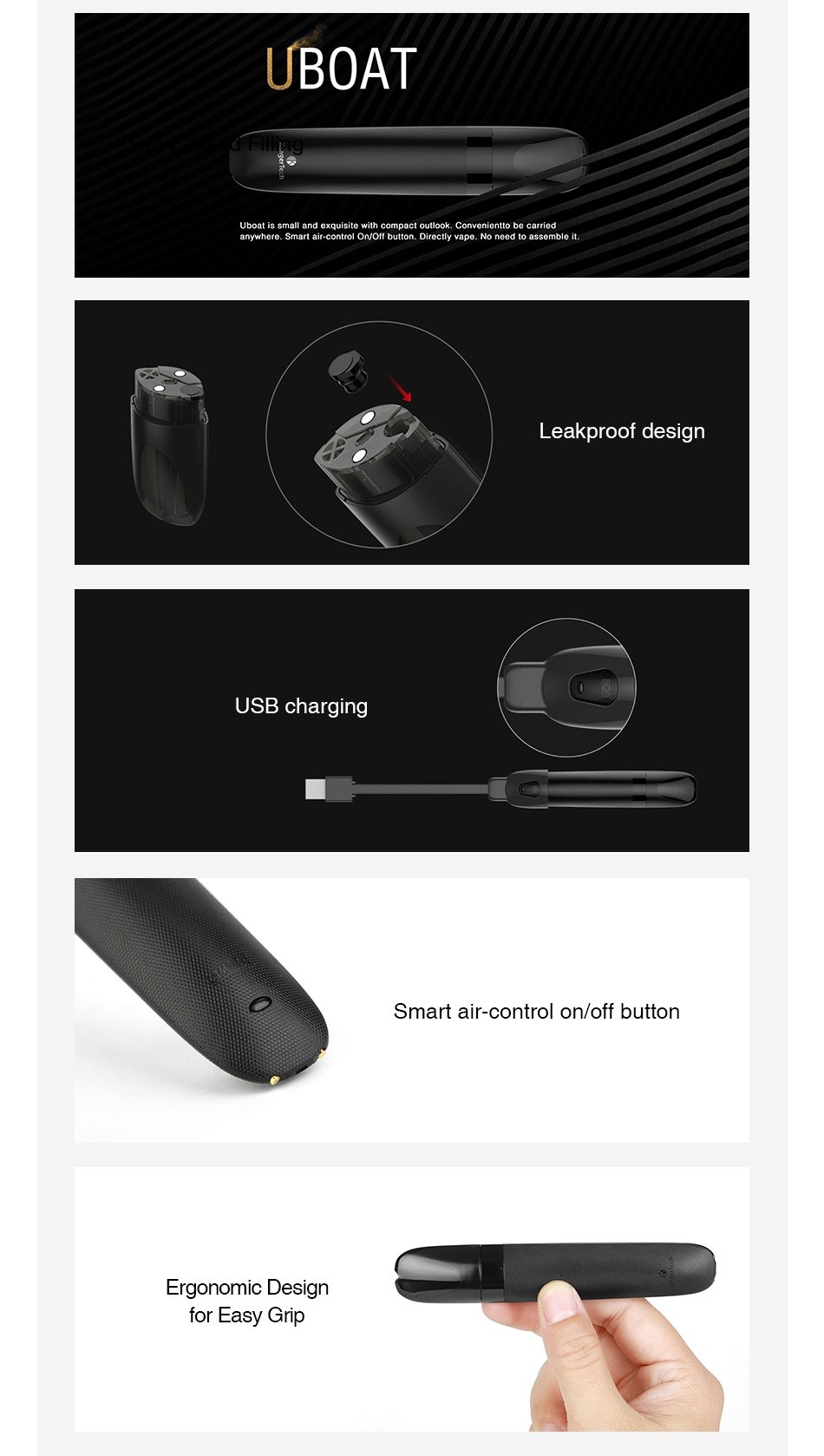 Kangertech Uboat Starter Kit 550mAh UBOAT boat is small and exquisite with compact outlook  Convenientto be carried anywhere  Smart air control On Off button  Directly vape  No need to assemble it Leakproof design USB charging Smart air control on off button Ergonomic Design for Easy Grip