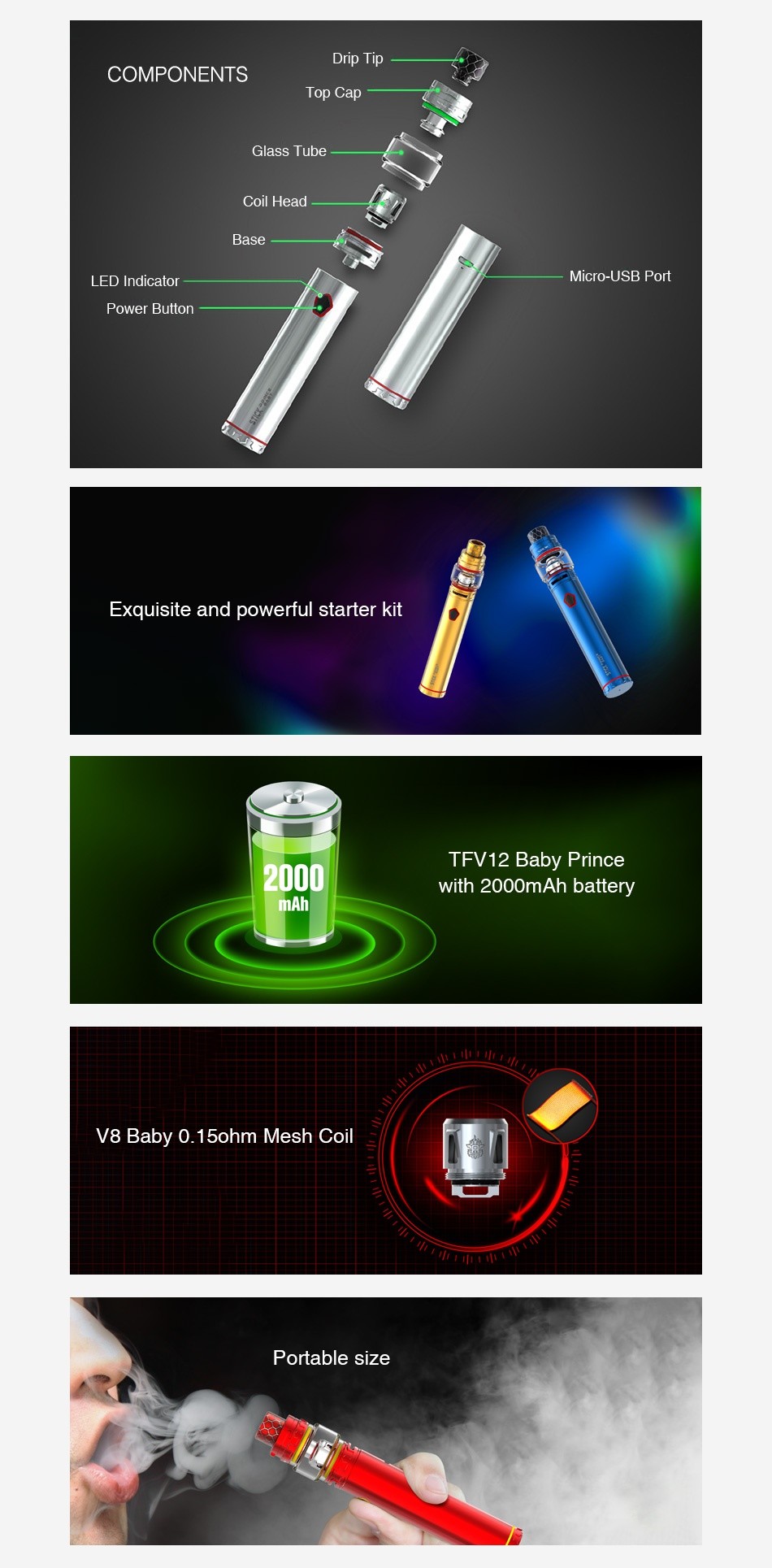 SMOK Stick Prince Baby Starter Kit 2000mAh Drip ti COMPONENTS Top Ca Glass Tube Coil head Base ED Indicator Power Button Exquisite and powerful starter kit TFV12 Baby Prince 2000 with 2000mAh battery 8 Baby 0  1 bohm Mesh coil Portable size
