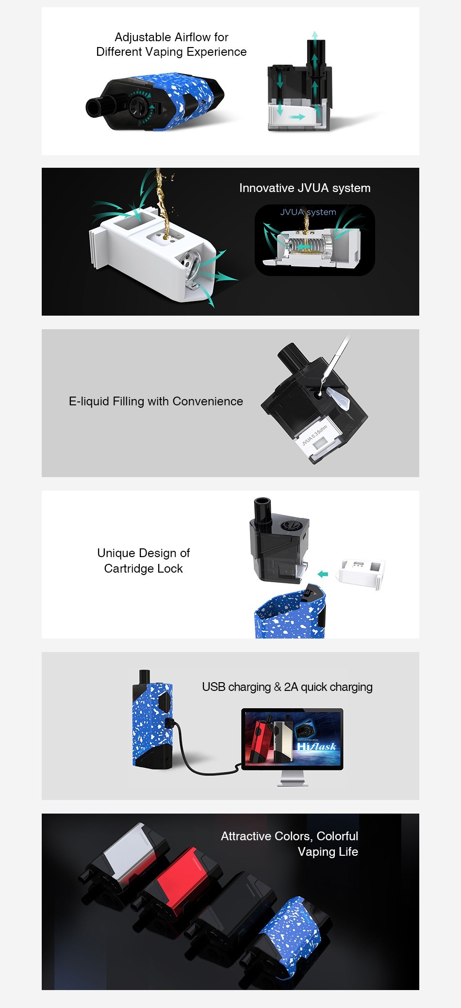 WISMEC HiFlask Starter Kit 2100mAh Adjustable Airflow for Different Vaping Experience Innovative JVUA system JVUAsystem E liquid Filling with Convenience Unique Design of Cartridge Lock USB charging 2A quick charging Iask Attractive Colors  Colorful Vaping Life