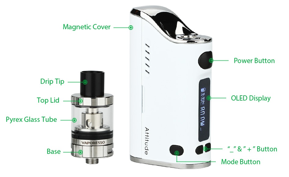 Vaporesso Attitude 80W EUC Kit Magnetic Ce Power button Drip Tip Top Lid OLED Displa Pyrex Glass Tube   VAPORESSO Base     Button Mode button