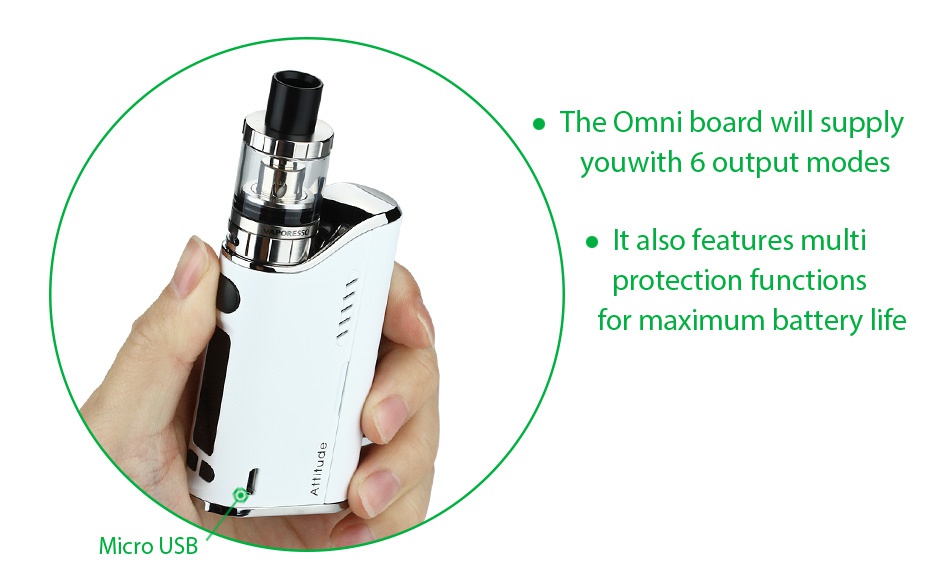 Vaporesso Attitude 80W EUC Kit The Omni board will supply youwith 6 output modes It also features multi protection functions for maximum battery life Micro usB