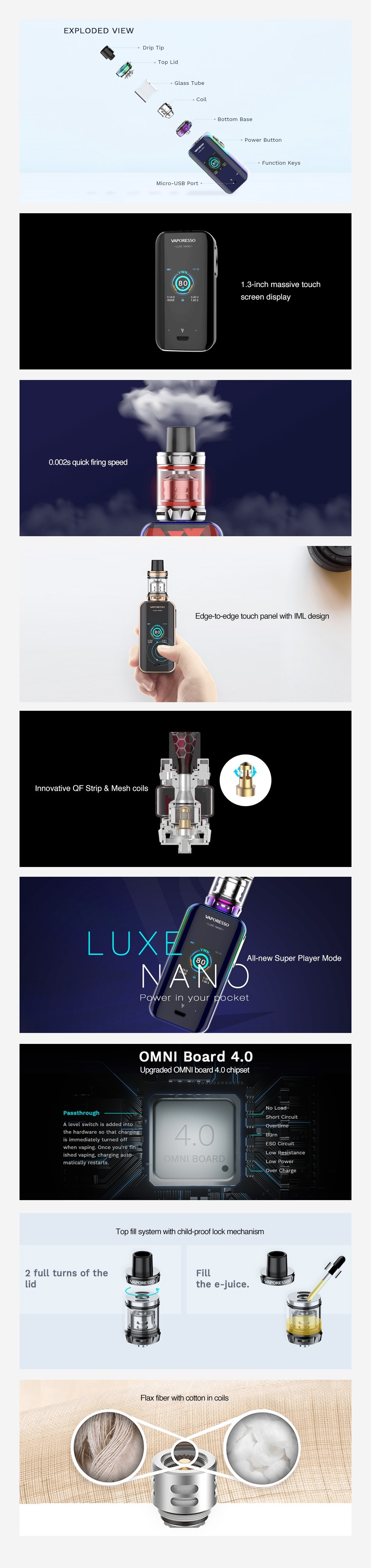 Vaporesso Luxe Nano 80W Touch Screen TC Kit 2500mAh 3 inch massive touch 0  OCs quick firing speed dge torenge touch pane wth Ml design Innovative QF Strip  Mesh coils L X All ne NA OMNI Board 4 0 Upgraded oMNI bcard 4  chi 40 Too fill system wnh chicHnroof lack mechanism 2 full turns of the iLL
