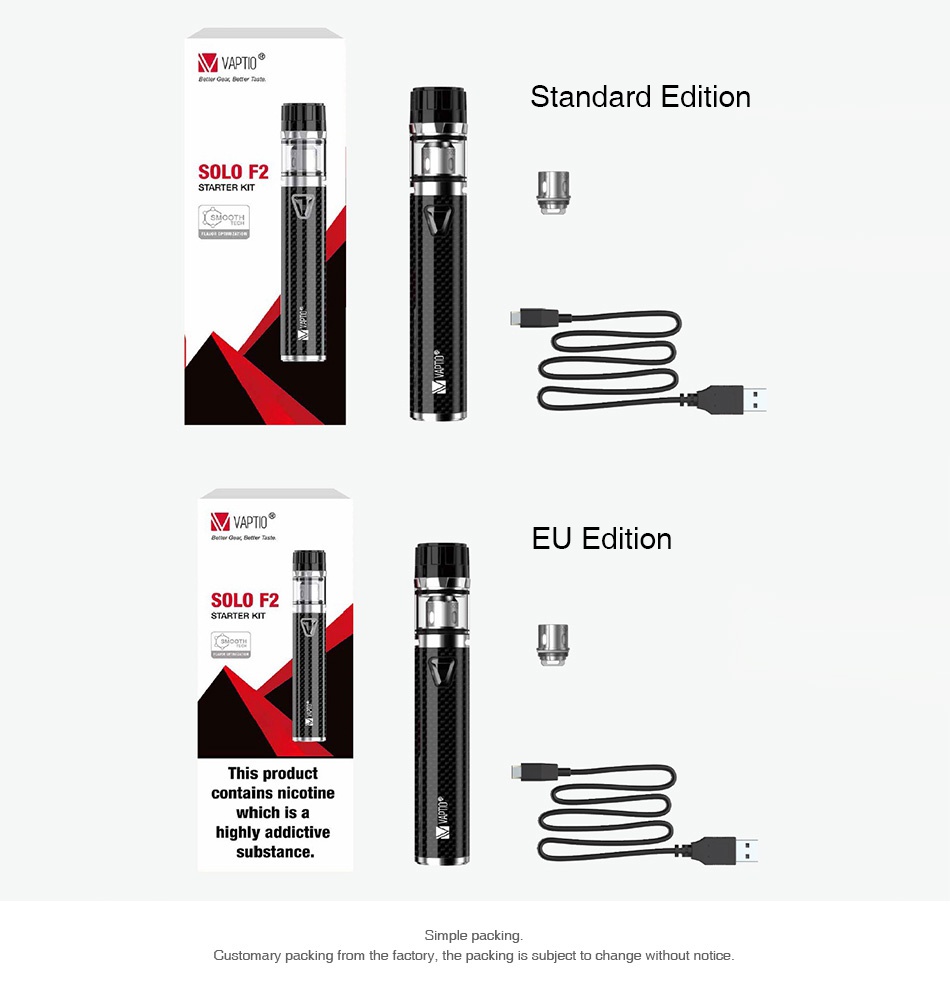 Vaptio Solo F2 Starter Kit 2200mAh MVAPTO Standard edition SOLO F2 E  Edition SOLO F2 ARTER KIT This product contains nicotine which is a highly addictive substance Customary packing from the factory  the packing is subject to change without notice