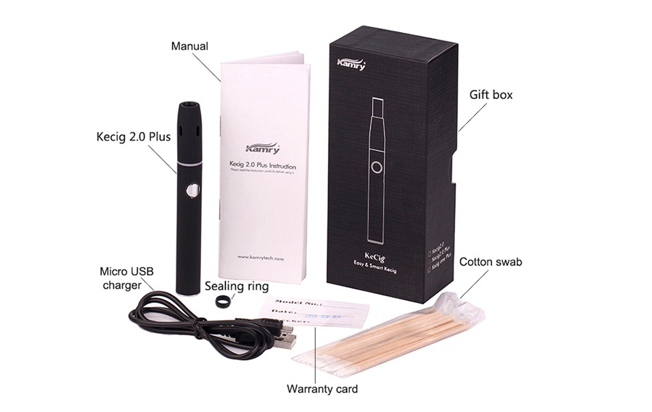 Kamry Kecig 2.0 Plus Heating Kit 650mAh Manual Gift box Ecig 2 0 Plus Koog 2 0 Pius Instructions Cotton swab Micro USB charger Sealing ring Warranty card