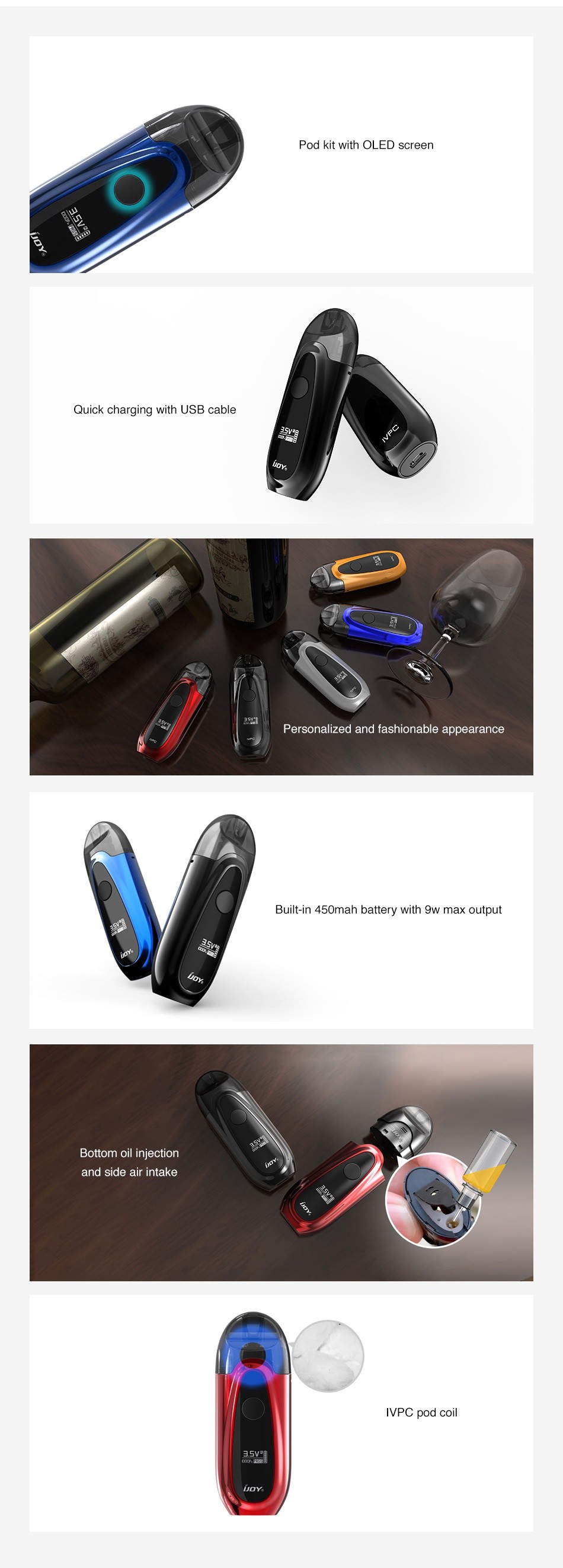 IJOY IVPC Starter Kit 450mAh Pod kit with OlED screen Quick charging with USB cable Personalized and fashionable appearance ah battery with 9w max out Bottom oil iniection and side air intake VPC pod coil