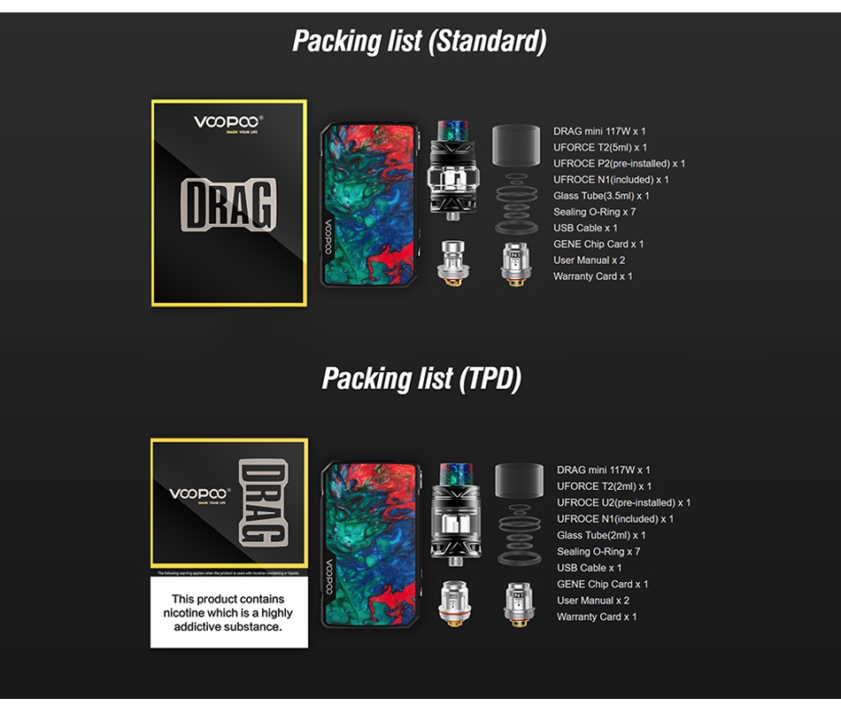 VOOPOO Drag Mini 117W TC Kit with UFORCE T2 4400mAh Packing list Standard  COpcO DRAG mini 117Wx UFORCE T2 5ml x 1 A Glass Tube 3 5ml x GENE Chip Card x User Manual x 2 Warranty Card x 1 Packing list  TPD  DRAG mini 117W x 1 UFORCE T2 2ml x 1 UFROCE U2 pre installed x 1 Glass Tube 2ml x 1 Sealing o Ring x 7 Cable x 1 GENE Chip Card x 1 User Manual x 2 nicotine which is a highly