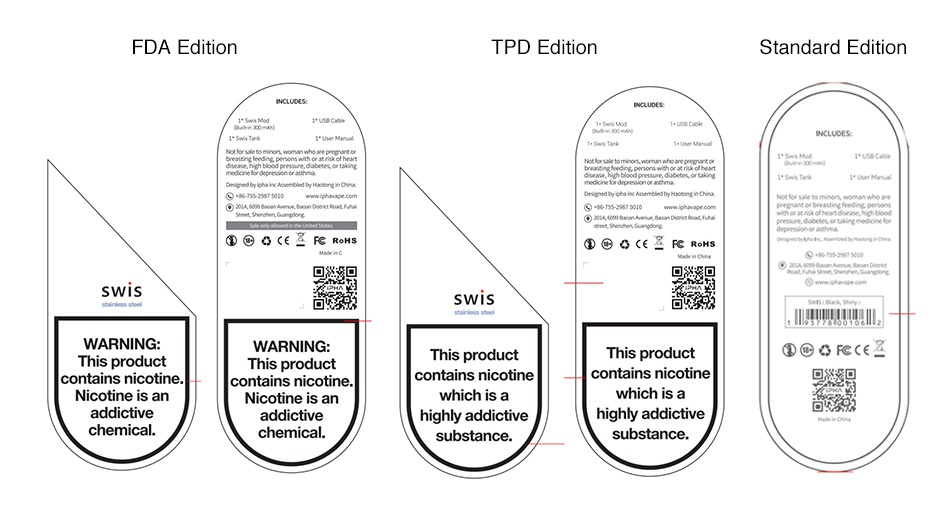 IPHA Swis Stainless Steel Pod Kit 300mAh FDA Edition TPD Edition Standard edition   sc       F RoH   2 WARNING This prod   CC FGC  This product This product This product contains nicotine contains nicotine contains nicotine     Nicotine is an Nicotine is an which is a which is a addictive highly addictive highly addictive chemical substance substance