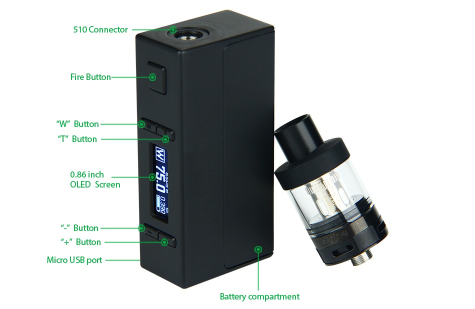 Aspire EVO75 Kit with Atlantis EVO Tank And NX75 MOD 510 Connector Fire button W Button T Button 86 inch OLED Screen Butto Micro usB port Battery compartment