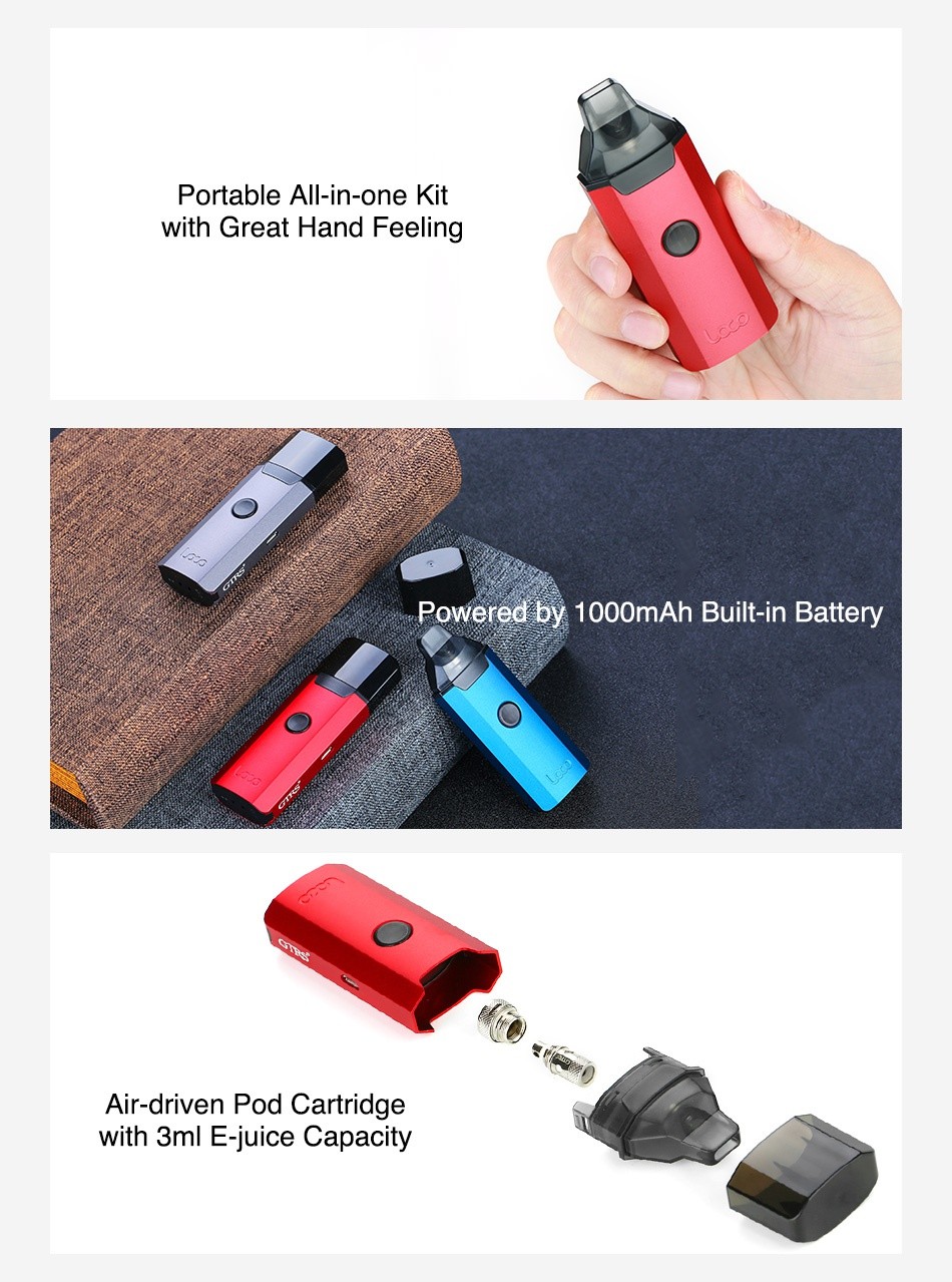 [With Warnings] GTRS LOCO AIO Starter Kit 1000mAh Portable all in one Kit with Great Hand Feeling s Powered by 1000mAh Built in Battery Air driven Pod cartridge with 3ml E juice Capacity