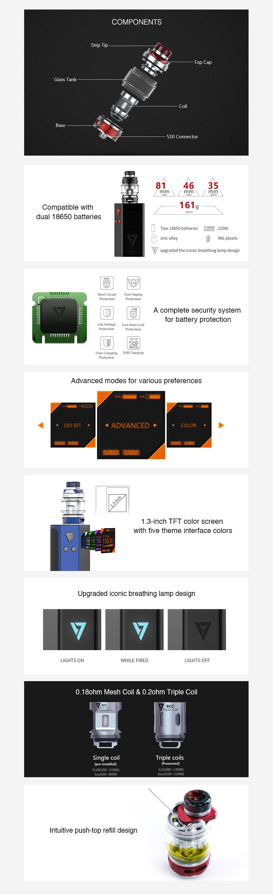 Desire CUT220 Mod 220W TC Kit with Bulldog Tank COMPONENTS 3  Basc D  recto 814635 Tible with 161c dual 18650 batteries 0 Twe 16650 bateries Emu 220w A complete security system for battery protection Advanced modes for various preferences ED SET 4 ADVANCED b 500500 with five theme interface colo Upgraded iconic breathing lamp desigr TS OFF 0 1Bohm Mesh Coil  0 ohm Triple Coil Intuitive push top refill design