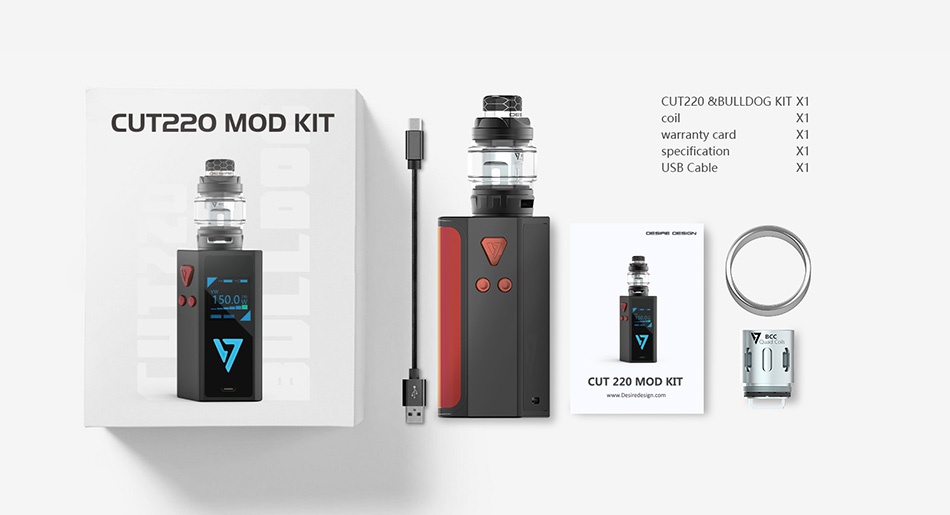 Desire CUT220 Mod 220W TC Kit with Bulldog Tank CUT220 BULLDOG KIT X1 CUT22O MOD KIT specification xxxx CUT 220 MOD KIT