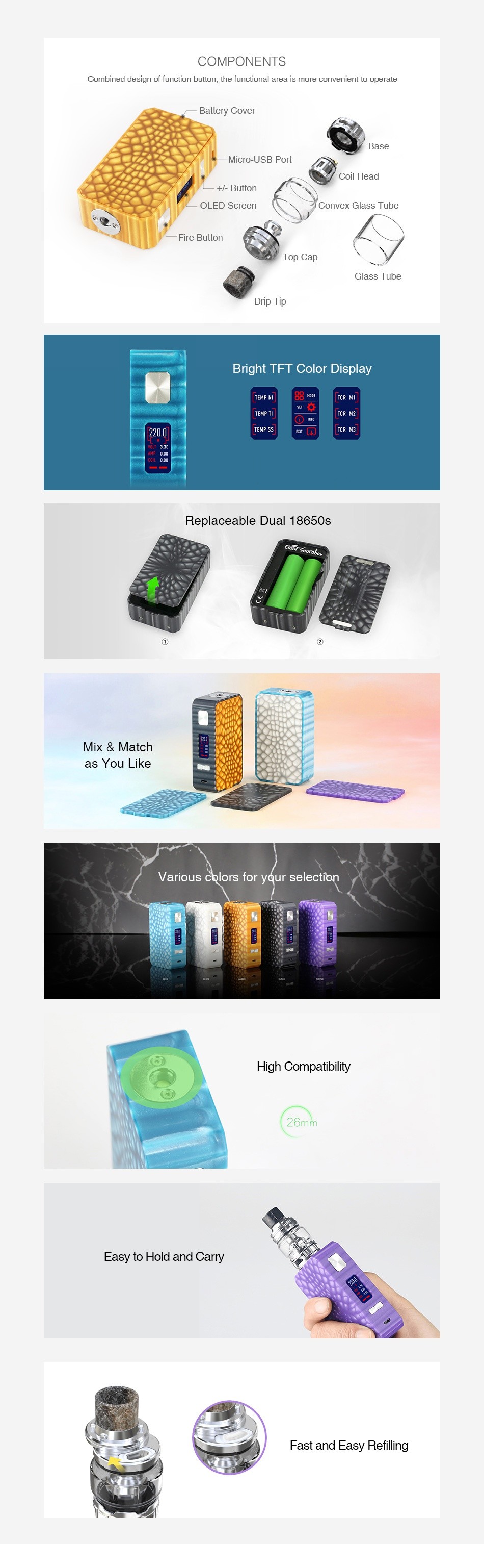 Eleaf Saurobox 220W TC Kit with ELLO Duro COMPONENTS Micro USB Port OLED Scree convex Glass Tube Bright TFT Replaceable Dual 18650s    Match as You like Various colors for your selection High Compatibility Easy to Hold and Carry Fast and Easy Refilling