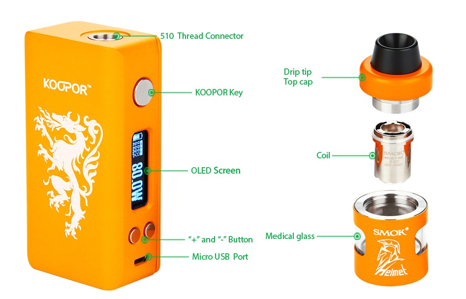 SMOK KOOPOR Knight 80W TC Full Kit 510 Thread Connector D KOOPOR op cap KOOPOR Key Coil OLED Screen   and    Butto Medical glass  sMoK Micro usb port lme