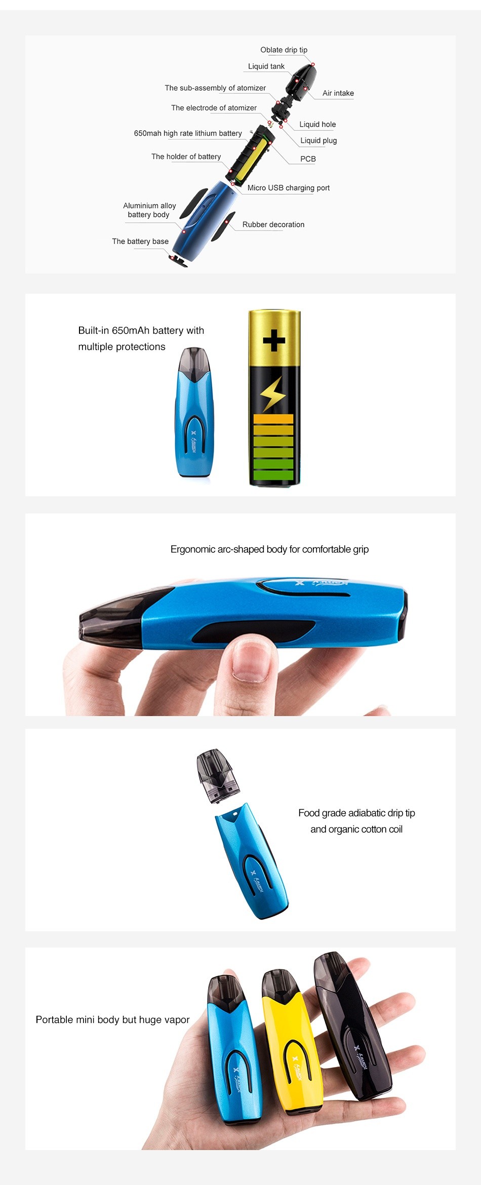 Kamry X Pod Starter Kit 650mAh   Blue Yellow Black