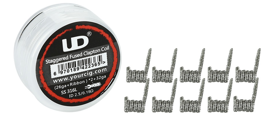 UD Staggered Fused Clapton SS316L Coil (26GA+Ribbon) x2 10pcs Staggered Fused Clapton Coil 3651  www yourcig com 6970189  26ga Ribbon   2 32ga        SS 316L ID2 5