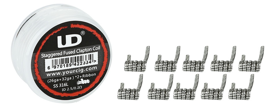 UD Staggered Fused Clapton SS316L Coil (26GA+32GA) x2 10pcs I ered Fused Clapton Coil 7018914 334 www yourcig com       26ga 32ga   2 Ribbon SS 316L r