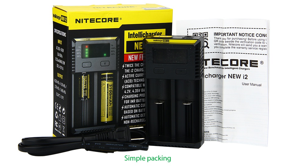 Nitecore Intellicharger New I2 2-slot Charger NTEc RE Intellichayder L IMPORTANT NOTICE CON NEW FE WICE THE CI LE  R THE i2 CH fACTIVE CURI charger NEW i2 CO TECHNO COMPATIBLE W User Manual NG PRO BASED ON BATT   Simple packing