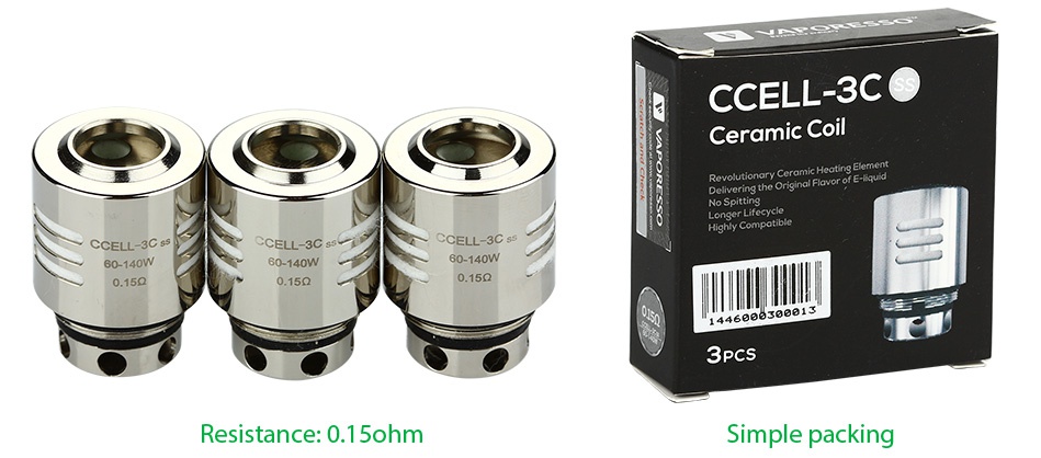 Vaporesso Giant Dual Tank Replacement CCELL Coil 3pcs CELL 3C Ceramic coil he Original Flavor of E iiquid Highly Compatible CCELL 3C ss 60140W 0 140W 60 140W 0 159 3 Resistance  0 1 5ohr Simple packing