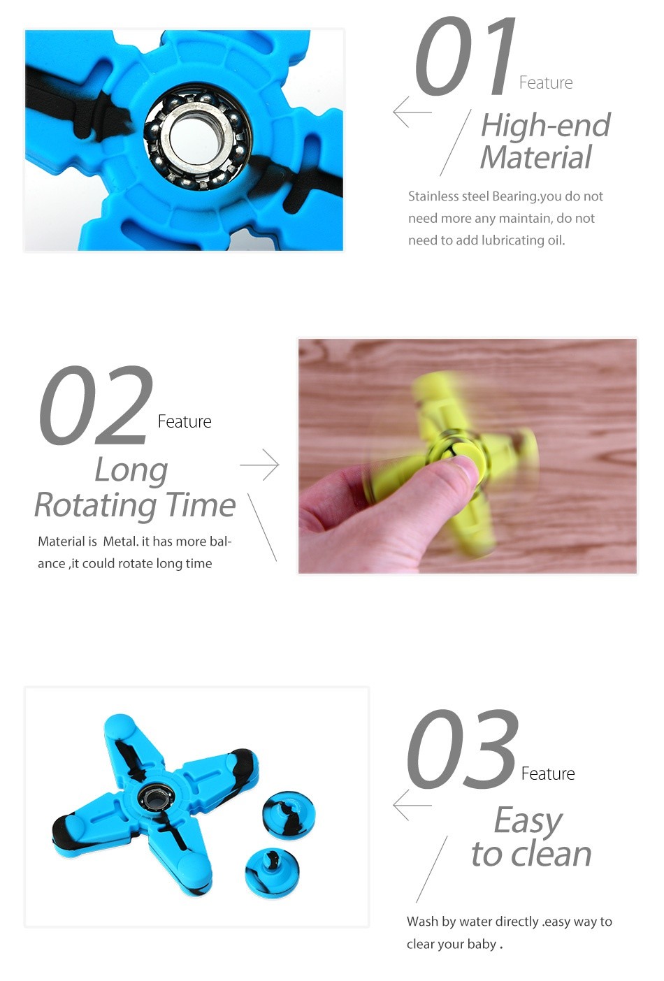 Vapesoon Silicone Hand Spinner Fidget Toy with Four Spins 07 High end Material Stainless steel Bearing you do not d to add lubricating oil 02 Feature Long    Rotating Time Material is Metal  it has more bal ance it could rotate long time 03 Feature Easy to cean Wash by water directly easy way to clear your baby