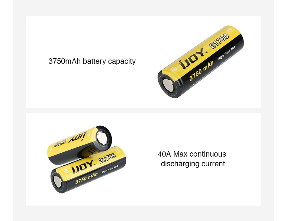 IJOY 21700 High Drain Li-ion Battery 40A 3750mAh 3750mAh battery capacity 40A Max continuous discharging current 2750m4