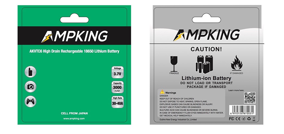 Ampking AKVTC6 18650 High-drain Li-ion Battery 40A 3000mAh   MPKING AMPKING AKVTC6 High Drain Rechargeable 18650 Lithium Battery CAUTION 3  Lithium ion Batte DO NOT LOAD OR TRANSPORT PACKAGE IF DAMAGED  R CELL FROM JAPAN FcCg