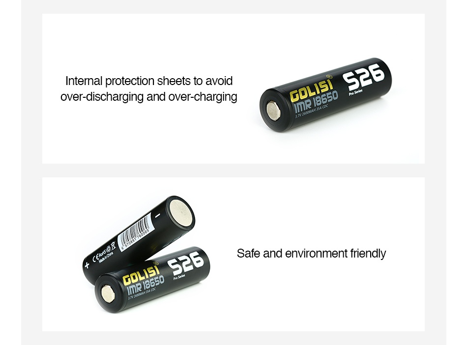 Golisi S26 IMR 18650 High-drain Li-ion Battery 35A 2600mAh iternal protection sheets to avoid over discharging and over charging GOLIE S26 Safe and environment friendly