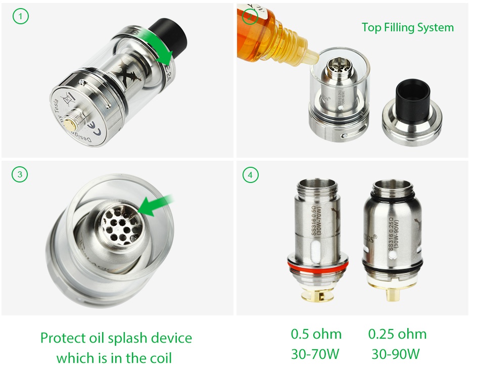 Tesla Blade 24 RTA Tank Top Filling System Protect oil splash device 0 5 ohm 0 25 ohm which is in the coil 30 70W 30 90W