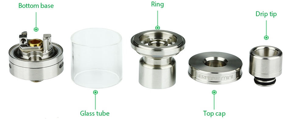 WOTOFO SERPENT Mini RTA Atomizer 3ml Bottom base Ring Ip tip Glass tube Top cap