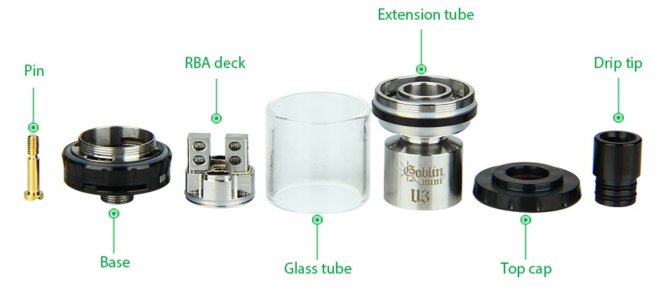 UD Goblin Mini V3 RTA Atomizer 2ml Extension tu be Pin rBa deck Drip tip Robley Base Glass tube Top cap