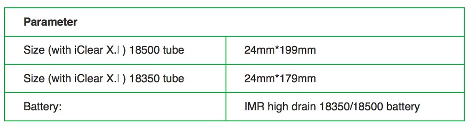 Innokin iTaste 134 Mini VW MOD Kit Parameter Size with iclear X 1 18500 tube 24mm 199mm Size with iclear X 1 18350 tube 24mm 179mm Battery IMR high drain 18350 18500 battery