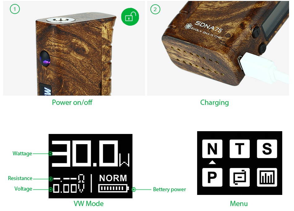 SMY SDNA 75W TC MOD Power on off Charging Wattage    NTS Resistance NORM P   Voltage     ill WW Mode enu