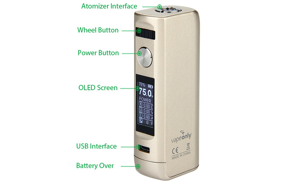 VapeOnly Lancer TC MOD 75W Atomizer interface Wheel button Power button OLED Screen 750 USB Interface ADE CHNA Battery Over