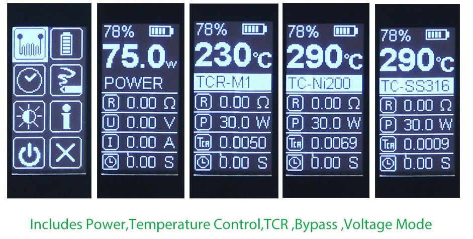 VapeOnly Lancer TC MOD 75W 78  78  178  78   750230c290c290c POWER CR M1 C NiZ  C 55316 000g000g000g1000g2    0  300W  30W 300W 00A f00050G00069009  5  bm0s bsb00s Includes Power  Temperature Control  TCR  Bypass Voltage Mode