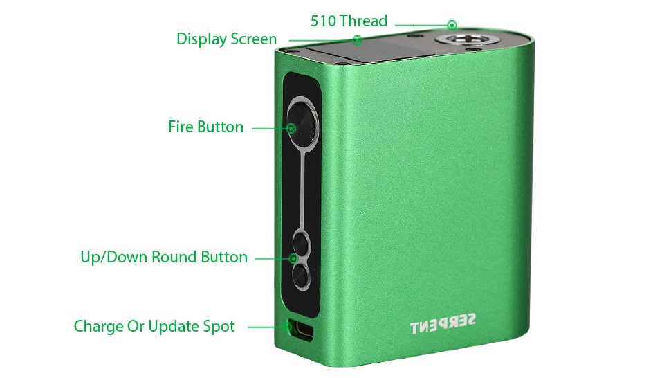 WOTOFO Serpent 50W TC Box MOD 2000mAh 510 Thread Display screen Fire button Up Down Round Button Charge Or Update Spot TME9SEZ
