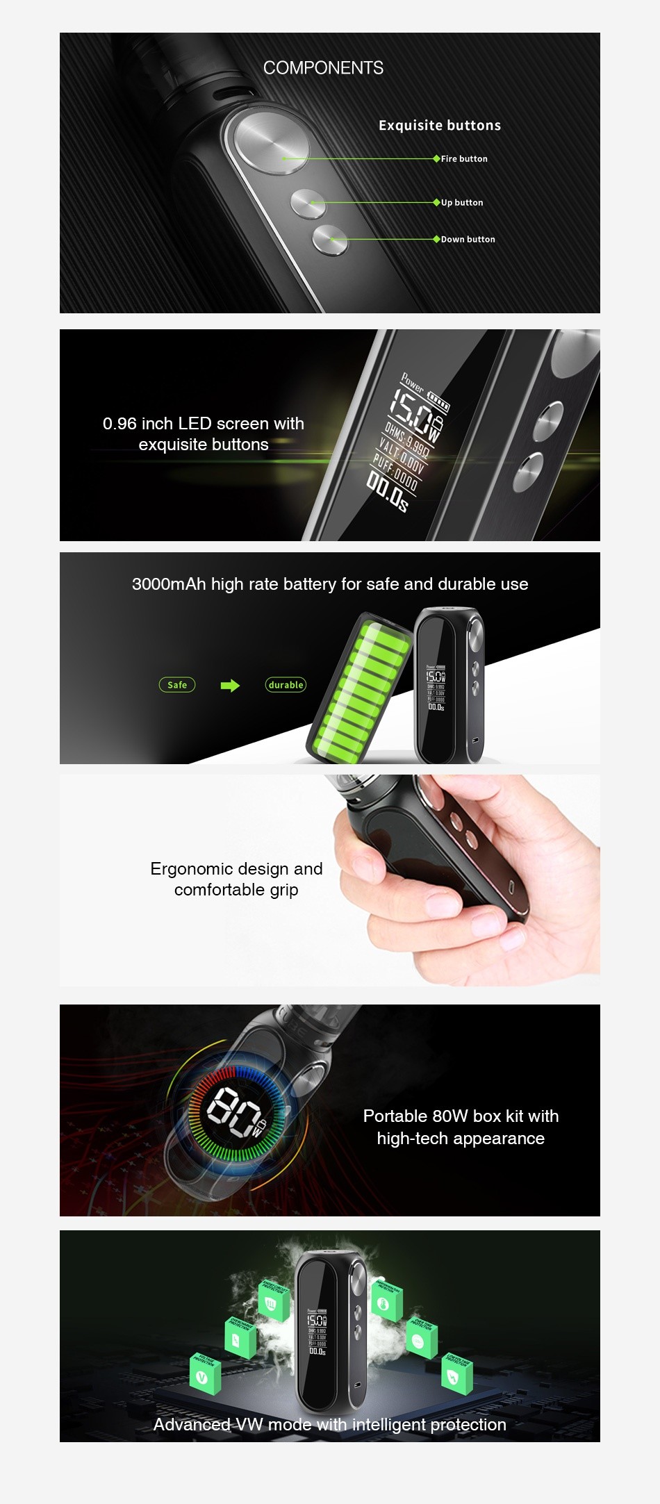OBS Cube VW Box MOD 3000mAh COMPONENTS xquisite buttons  Fire but   Down button 0 96 inch lEd screen with exquisite buttons 3000mAh high rate battery for safe and durable use Ergonomic design and comfortable grip Portable 80w box kit with high tech appearance 0 Advanced VW mode with intelligent protection
