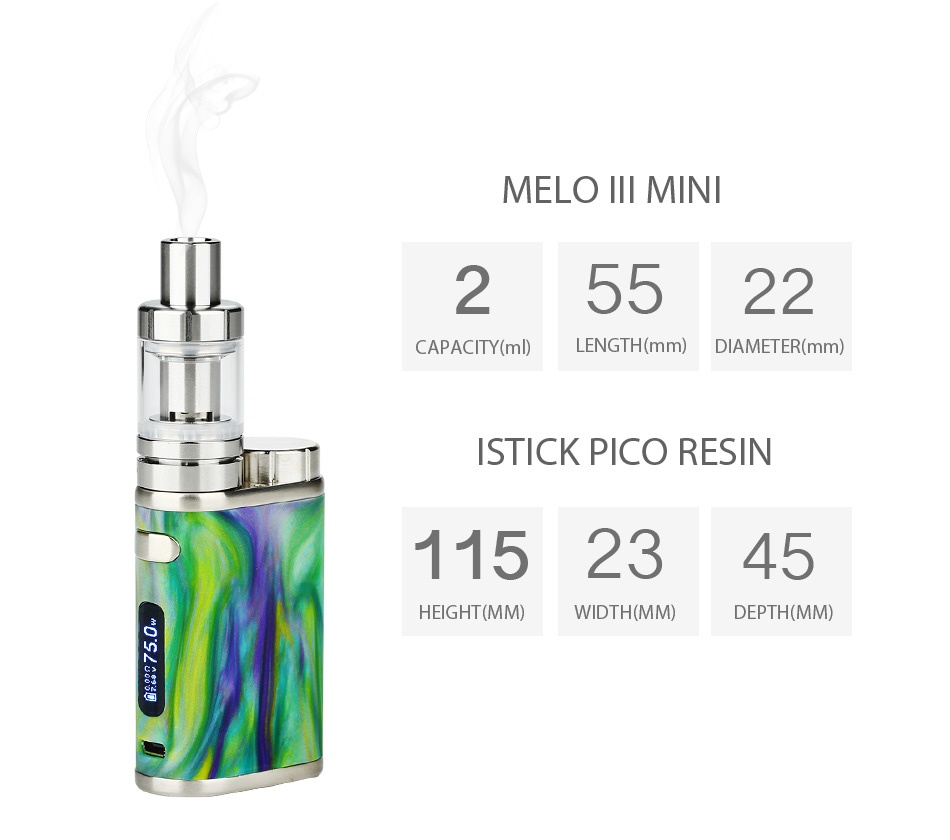 Eleaf iStick Pico RESIN 75W with Melo 3 Mini Kit MELo MINI 25522 CAPACITY ml  LENGTH mm  DIAMETER mm  ISTICK PICO RESIN 1152345 HEIGHT MM WIDTH MM  DEPTH MM