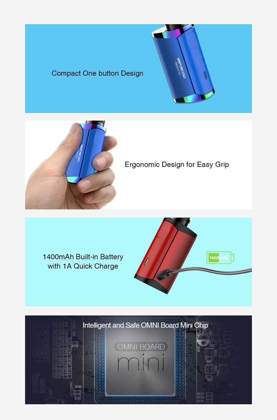 Vaporesso Drizzle Fit Battery 1400mAh Compact One button Design Ergonomic Design for Easy Grip 400mAh Built in Battery 1400m ith 1A Quick Charge Intelligent and Safe OMNI Board Mini chip  MN  BOARL