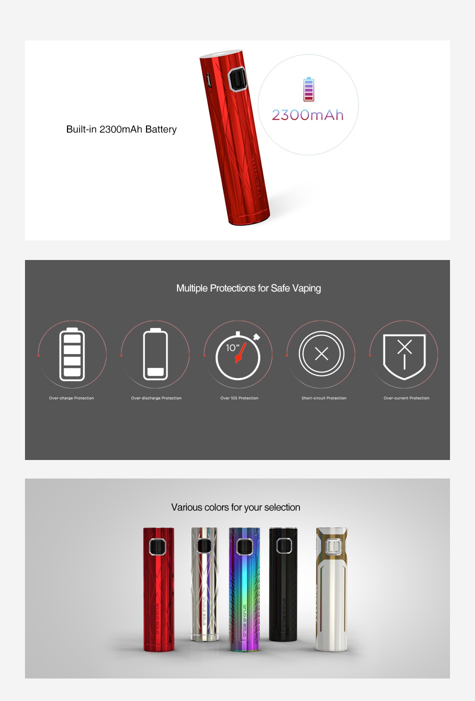 WISMEC SINUOUS SOLO Battery 2300mAh 2300mAh Built in 2300mAh Battery ltiple Protections for Safe Vaping   Various colors for your selection